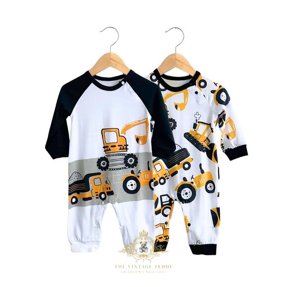 NWT Cute Boys Sleep N' Play One-piece Rompers Set of 2 Construction Trucks 3-6M - Picture 1 of 5